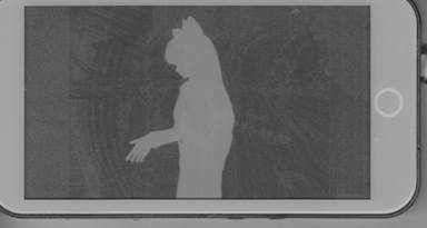 Flatbed scan of another paused video frame: a figure with an outstretched hand, individual fingers resolved, on a dark patterned background